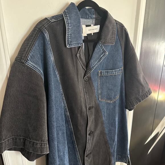 NEW Feng Chen Wang Men's Black Blue Stripe Denim Button Down Shirt Size XL - Picture 3 of 12